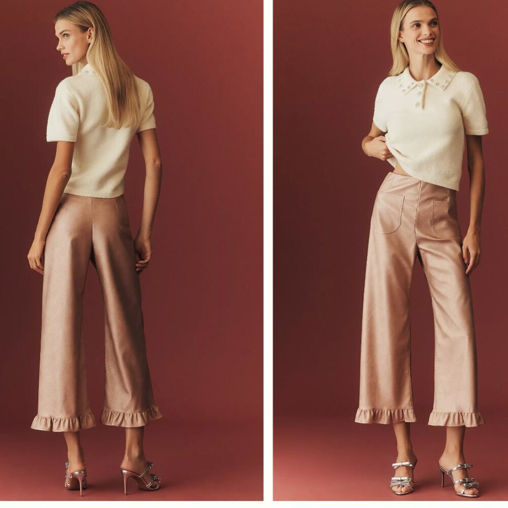 Anthropologie The Colette Crop Metallic Faux Leather Ruffle-Hem Pants by Maeve